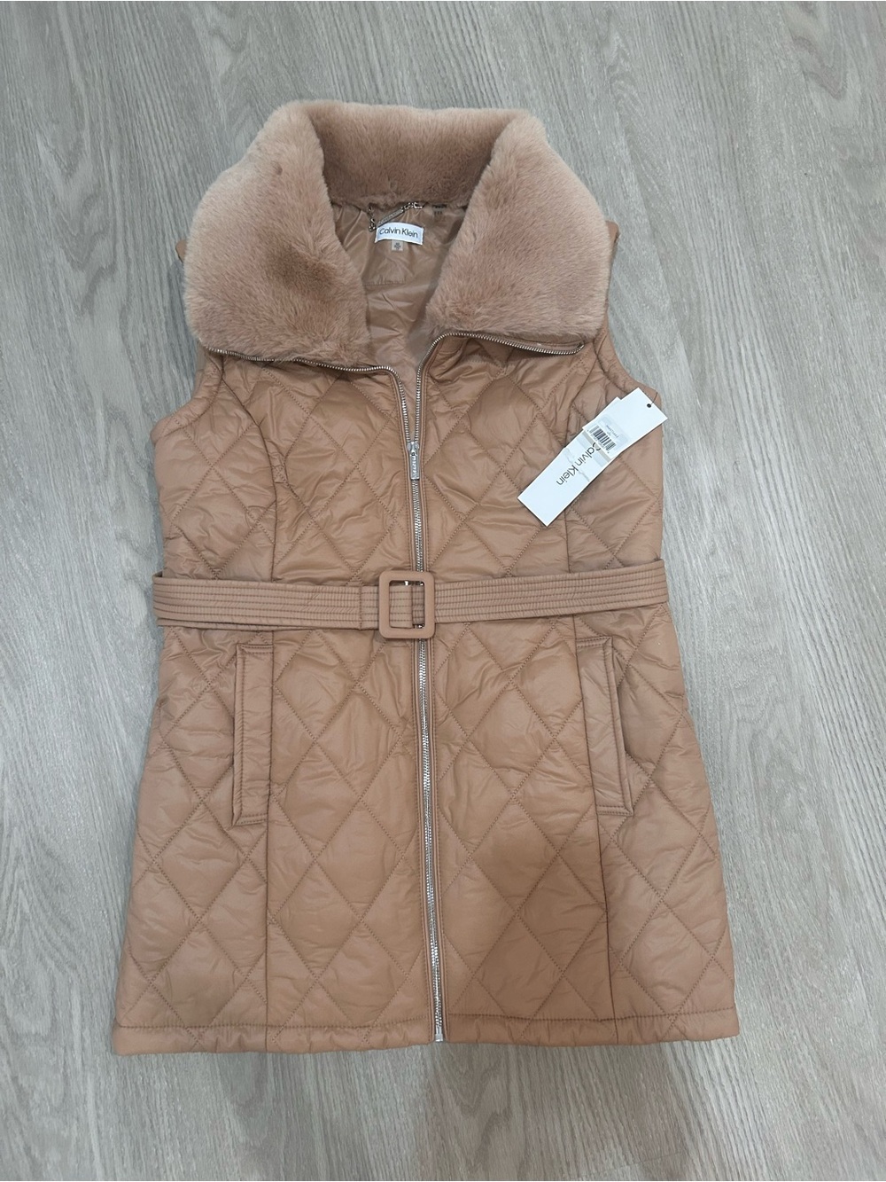 Calvin Klein Quilted Belted Vest with Faux-Fur Collar - Tan